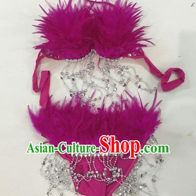 Top Grade Professional Performance Catwalks Swimsuit Costumes, Traditional Brazilian Rio Carnival Samba Suits Modern Fancywork Purple Feather Bikini for Women