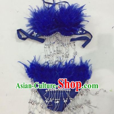 Top Grade Professional Performance Catwalks Swimsuit Costumes, Traditional Brazilian Rio Carnival Samba Suits Modern Fancywork Royalblue Feather Bikini for Women