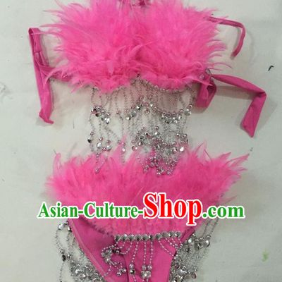 Top Grade Professional Performance Catwalks Swimsuit Costumes, Traditional Brazilian Rio Carnival Samba Suits Modern Fancywork Rosy Feather Bikini for Women