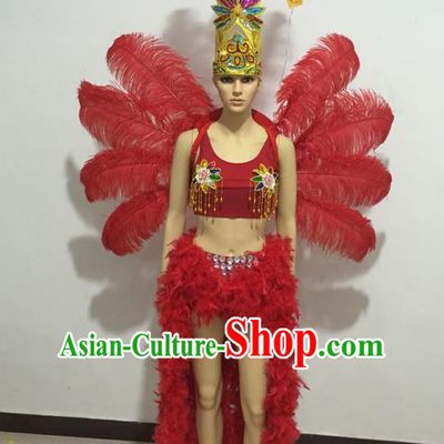 Top Grade Professional Performance Catwalks Swimsuit Costumes and Headpiece, Traditional Brazilian Rio Carnival Samba Suits Modern Fancywork Red Feather Bikini for Women