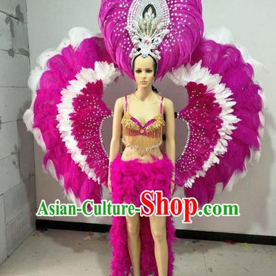 Top Grade Professional Performance Catwalks Swimsuit Costumes with Wings Headpiece, Traditional Brazilian Rio Carnival Samba Suits Modern Fancywork Rosy Feather Bikini for Women