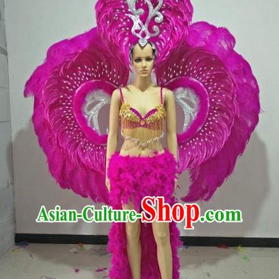 Top Grade Professional Performance Catwalks Swimsuit Costumes with Wings Headpiece, Traditional Brazilian Rio Carnival Samba Suits Modern Fancywork Rosy Feather Bikini for Women