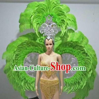 Top Grade Professional Performance Catwalks Swimsuit Costumes with Wings Headpiece, Traditional Brazilian Rio Carnival Samba Suits Modern Fancywork Green Feather Bikini for Women
