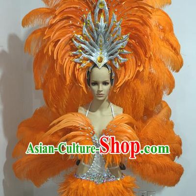 Top Grade Professional Performance Catwalks Swimsuit Costumes with Wings, Traditional Brazilian Rio Carnival Samba Suits Modern Fancywork Orange Feather Bikini Clothing for Women