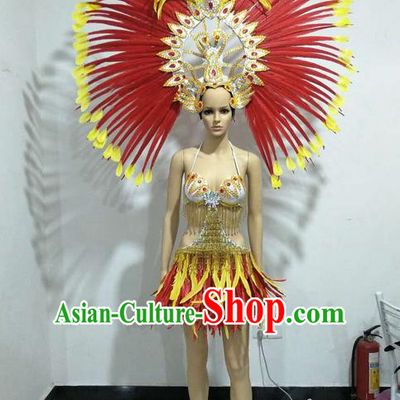 Top Grade Professional Performance Catwalks Swimsuit Costumes and Headwear, Traditional Brazilian Rio Carnival Samba Suits Modern Fancywork Feather Bikini Clothing for Women