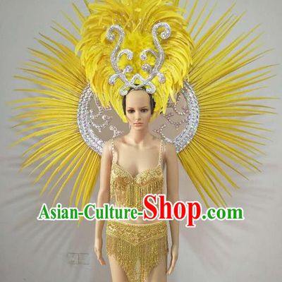 Top Grade Professional Performance Catwalks Swimsuit Costumes and Headpiece, Traditional Brazilian Rio Carnival Samba Suits Modern Fancywork Yellow Feather Bikini Clothing for Women