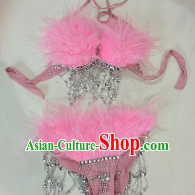 Top Grade Professional Performance Catwalks Swimsuit Costumes, Traditional Brazilian Rio Carnival Samba Suits Modern Fancywork Pink Feather Bikini for Women
