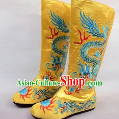 Chinese Ancient Peking Opera King Embroidered Dragon High Leg Boots, Traditional China Beijing Opera Emperor Yellow Embroidered Steller Shoes
