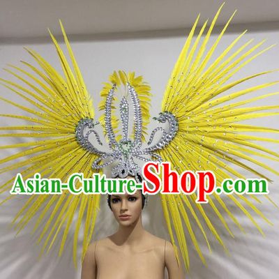 Top Grade Professional Stage Show Giant Headpiece Parade Hair Accessories Decorations, Brazilian Rio Carnival Samba Opening Dance Yellow Feather Headdress for Women