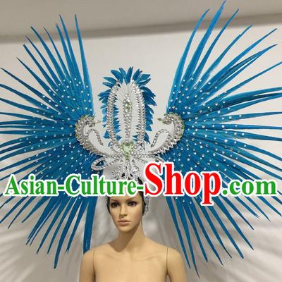 Top Grade Professional Stage Show Giant Headpiece Parade Hair Accessories Decorations, Brazilian Rio Carnival Samba Opening Dance Blue Feather Headdress for Women