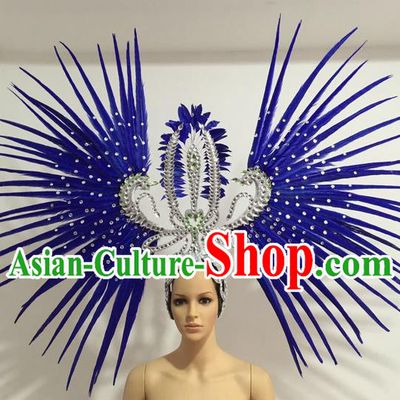 Top Grade Professional Stage Show Giant Headpiece Parade Hair Accessories Decorations, Brazilian Rio Carnival Samba Opening Dance Royalblue Feather Headdress for Women