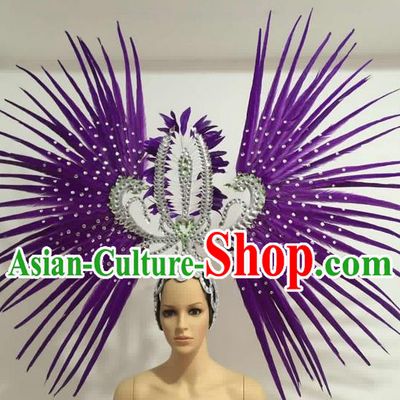 Top Grade Professional Stage Show Giant Headpiece Parade Hair Accessories Decorations, Brazilian Rio Carnival Samba Opening Dance Purple Feather Headdress for Women