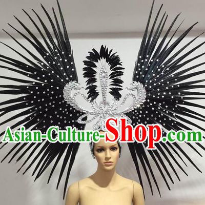 Top Grade Professional Stage Show Giant Headpiece Parade Hair Accessories Decorations, Brazilian Rio Carnival Samba Opening Dance Black Feather Headdress for Women
