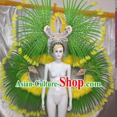 Top Grade Professional Performance Catwalks Green Feather Props and Headpiece, Traditional Brazilian Rio Carnival Samba Opening Dance Modern Fancywork Backboard for Women