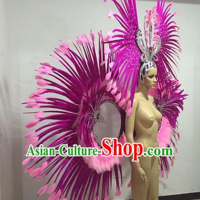 Top Grade Professional Stage Show Giant Headpiece Parade Hair Accessories Backboard Decorations, Brazilian Rio Carnival Samba Opening Dance Rosy Feather Headdress for Women