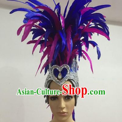 Top Grade Professional Stage Show Giant Headpiece Parade Hair Accessories Decorations, Brazilian Rio Carnival Samba Opening Dance Blue Feather Hats for Women