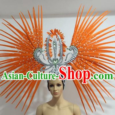 Top Grade Professional Stage Show Giant Headpiece Parade Hair Accessories Decorations, Brazilian Rio Carnival Samba Opening Dance Orange Feather Headdress for Women