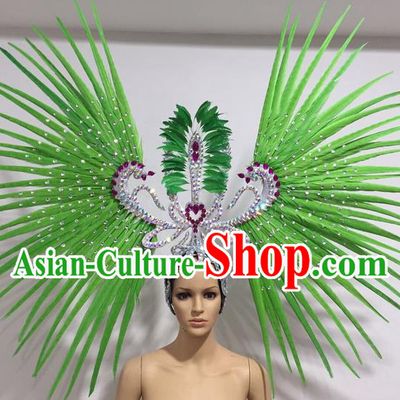 Top Grade Professional Stage Show Giant Headpiece Parade Hair Accessories Decorations, Brazilian Rio Carnival Samba Opening Dance Green Feather Headdress for Women
