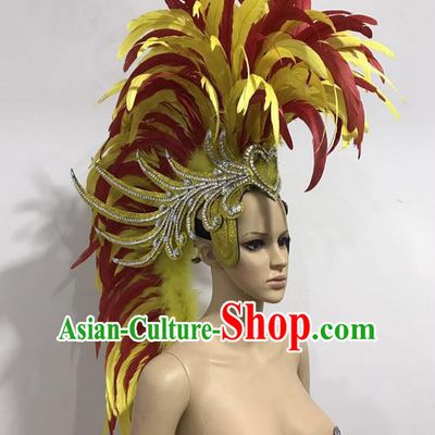Top Grade Professional Stage Show Giant Headpiece Parade Hair Accessories Decorations, Brazilian Rio Carnival Samba Opening Dance Red Feather Hats for Women