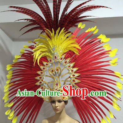Top Grade Professional Stage Show Big Hair Accessories Decorations, Brazilian Rio Carnival Samba Opening Dance Red Feather Headpiece for Women