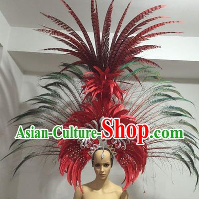 Top Grade Professional Stage Show Giant Headpiece Parade Hair Accessories Deluxe Decorations, Brazilian Rio Carnival Samba Opening Dance Red Feather Hats for Women