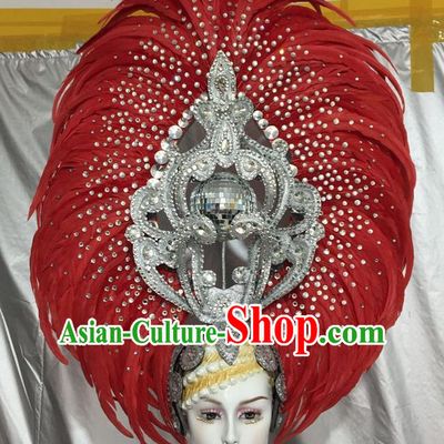 Top Grade Professional Stage Show Halloween Big Hair Accessories Decorations, Brazilian Rio Carnival Samba Opening Dance Red Feather Headpiece for Women