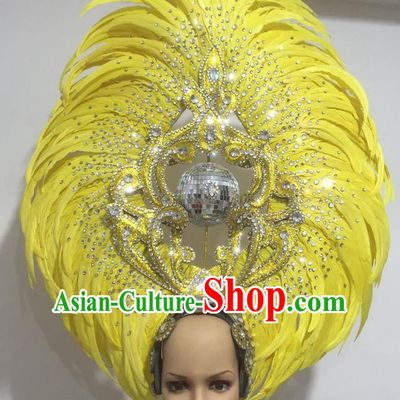 Top Grade Professional Stage Show Halloween Big Hair Accessories Decorations, Brazilian Rio Carnival Samba Opening Dance Yellow Feather Headpiece for Women