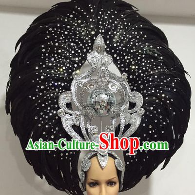 Top Grade Professional Stage Show Halloween Big Hair Accessories Decorations, Brazilian Rio Carnival Samba Opening Dance Black Feather Headpiece for Women