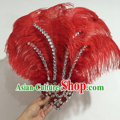 Top Grade Professional Stage Show Halloween Hair Accessories Decorations, Brazilian Rio Carnival Parade Samba Opening Dance Red Feather Headpiece for Women