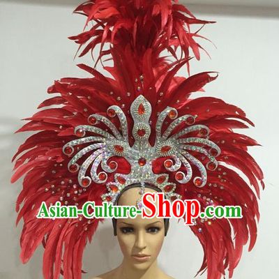Top Grade Professional Stage Show Giant Headpiece Parade Hair Accessories Deluxe Decorations, Brazilian Rio Carnival Samba Opening Dance Red Feather Headwear for Women