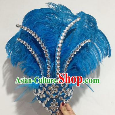 Top Grade Professional Stage Show Halloween Hair Accessories Decorations, Brazilian Rio Carnival Parade Samba Opening Dance Blue Feather Headpiece for Women