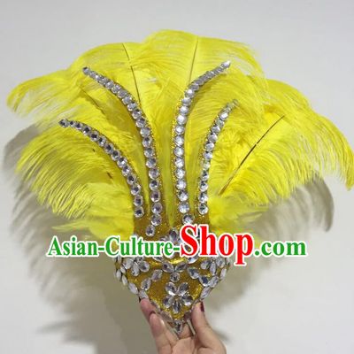 Top Grade Professional Stage Show Halloween Hair Accessories Decorations, Brazilian Rio Carnival Parade Samba Opening Dance Yellow Feather Headpiece for Women