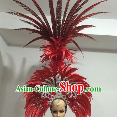Top Grade Professional Stage Show Giant Headpiece Parade Hair Accessories Deluxe Decorations, Brazilian Rio Carnival Samba Opening Dance Red Feather Headwear for Women