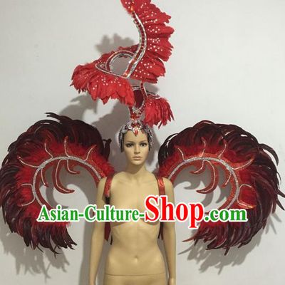 Top Grade Professional Stage Show Halloween Props Decorations Wings and Headpiece, Brazilian Rio Carnival Parade Samba Opening Dance Red Feather Backplane for Women