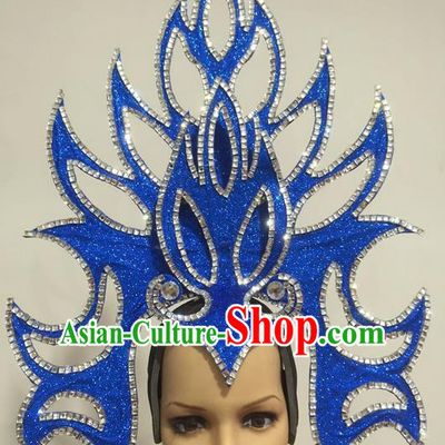 Top Grade Professional Stage Show Giant Headpiece Parade Hair Accessories Decorations, Brazilian Rio Carnival Samba Opening Dance Blue Headwear for Women
