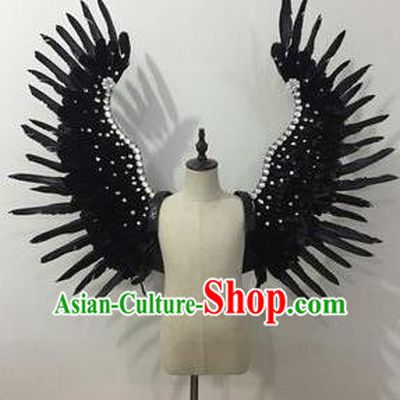 Top Grade Professional Stage Show Halloween Props Black Feather Wings, Brazilian Rio Carnival Parade Samba Dance Modern Fancywork Backplane for Kids