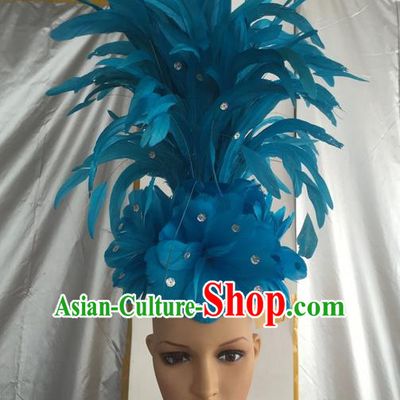 Top Grade Professional Stage Show Halloween Halloween Hair Accessories Decorations, Brazilian Rio Carnival Parade Samba Dance Modern Fancywork Blue Feather Headpiece for Kids