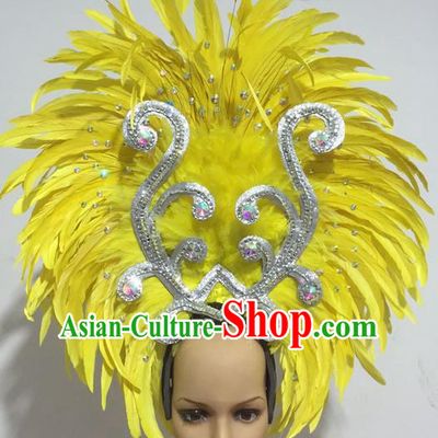 Top Grade Professional Stage Show Halloween Halloween Hair Accessories Decorations, Brazilian Rio Carnival Parade Samba Dance Modern Fancywork Yellow Feather Headpiece for Women
