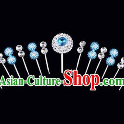 Chinese Ancient Peking Opera Hair Accessories Young Lady Headwear Complete Set, Traditional Chinese Beijing Opera Head Ornaments Hua Tan Crystal Blue Hairpins