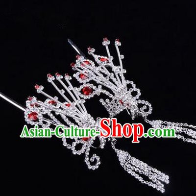 Chinese Ancient Peking Opera Hair Accessories Young Lady Diva Red Phoenix Headwear, Traditional Chinese Beijing Opera Head Ornaments Hua Tan Crystal Hairpins