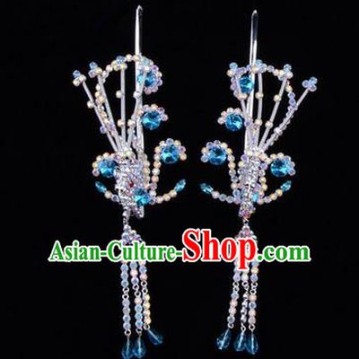 Chinese Ancient Peking Opera Hair Accessories Young Lady Diva Blue Phoenix Headwear, Traditional Chinese Beijing Opera Head Ornaments Hua Tan Colorful Crystal Hairpins