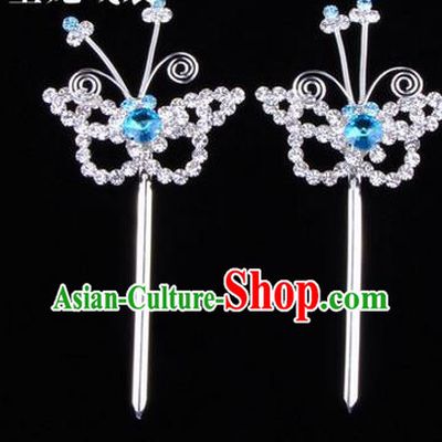 Chinese Ancient Peking Opera Hair Accessories Young Lady Diva Butterfly Headwear, Traditional Chinese Beijing Opera Head Ornaments Hua Tan Blue Crystal Hairpins