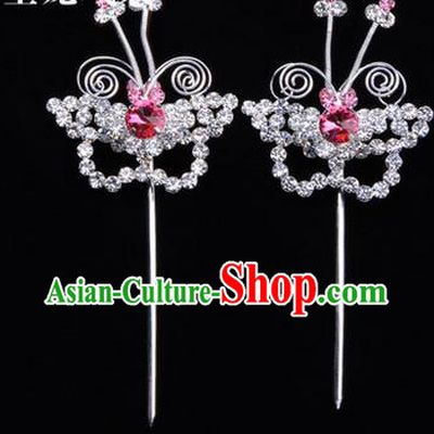 Chinese Ancient Peking Opera Hair Accessories Young Lady Diva Butterfly Pink Headwear, Traditional Chinese Beijing Opera Head Ornaments Hua Tan Crystal Hairpins