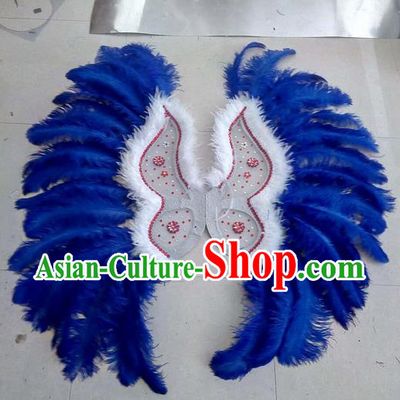 Top Grade Professional Stage Show Halloween Props Decorations Wings, Brazilian Rio Carnival Parade Samba Dance Blue Feather Catwalks Backplane for Women