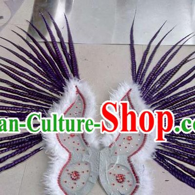 Top Grade Professional Stage Show Halloween Props Decorations Wings, Brazilian Rio Carnival Parade Samba Dance Purple Long Feather Catwalks Backplane for Women