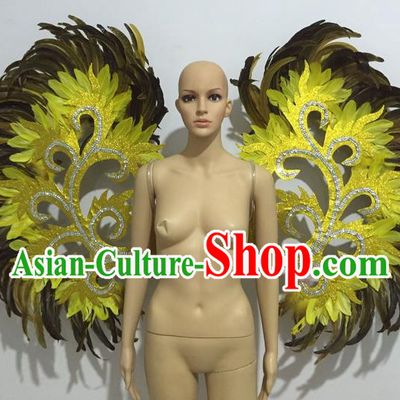 Top Grade Professional Stage Show Halloween Props Decorations Wings, Brazilian Rio Carnival Parade Samba Dance Catwalks Yellow Feather Backplane for Women