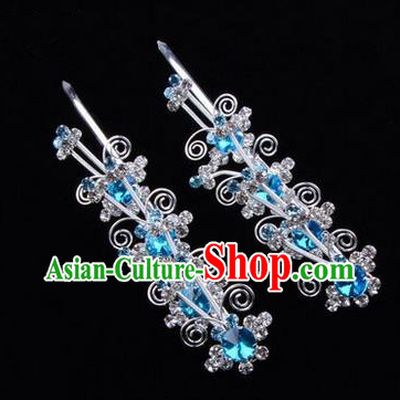 Chinese Ancient Peking Opera Hair Accessories Young Lady Diva Butterfly Head Ornaments, Traditional Chinese Beijing Opera Hua Tan Blue Crystal Hairpins