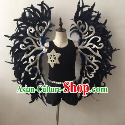 Top Grade Professional Stage Show Halloween Parade Props Decorations Wings, Brazilian Rio Carnival Parade Samba Dance Black Feather Backplane for Kids