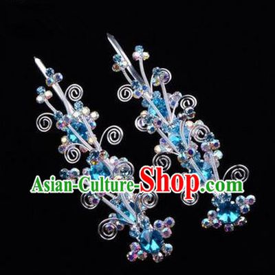 Chinese Ancient Peking Opera Hair Accessories Young Lady Diva Butterfly Head Ornaments, Traditional Chinese Beijing Opera Hua Tan Colorful Crystal Blue Hairpins