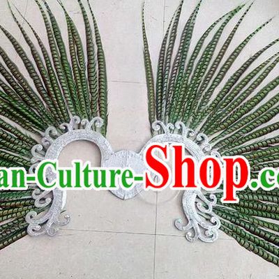 Top Grade Professional Stage Show Halloween Props Decorations, Brazilian Rio Carnival Parade Samba Dance Green Feather Catwalks Backplane for Women